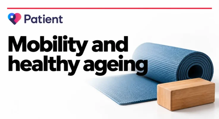 Patient.info: Deep Squats for Mobility and Healthy Ageing, illustrated with an exercise mat and wooden block.