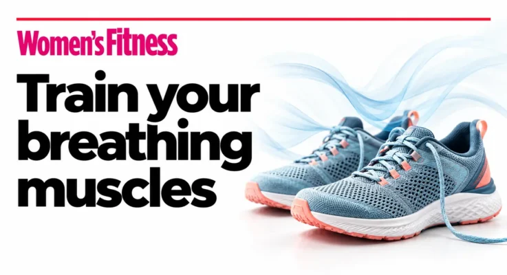 Women’s Fitness: Train Your Breathing Muscles, illustrated with running shoes and airflow lines.