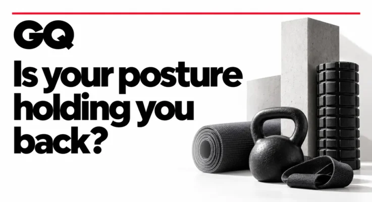 GQ: Is Your Posture Holding You Back?, illustrated with a foam roller, exercise mat and kettlebell.