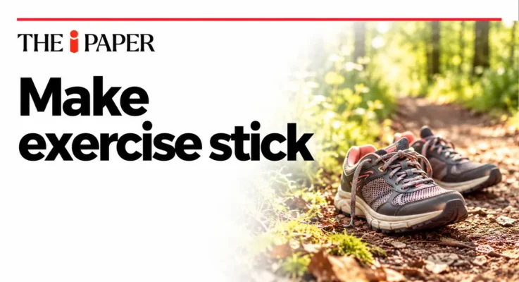 The i Paper: Why Enjoyment Is the Key to Making Exercise Stick, illustrated with walking shoes on a woodland path.