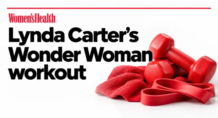Women’s Health: Lynda Carter’s Wonder Woman Workout, illustrated with red retro dumbbells, a towel and a resistance band.