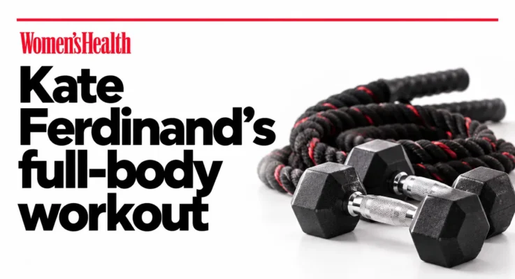 Women’s Health: Kate Ferdinand’s Full-Body Workout, illustrated with battle ropes and dumbbells.