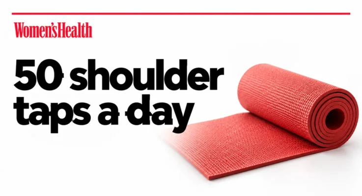 Women’s Health: 50 Shoulder Taps a Day for Your Core, illustrated with a red exercise mat.