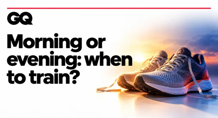GQ: Morning or Evening – When Should You Train?, illustrated with running shoes against dawn and dusk backgrounds.