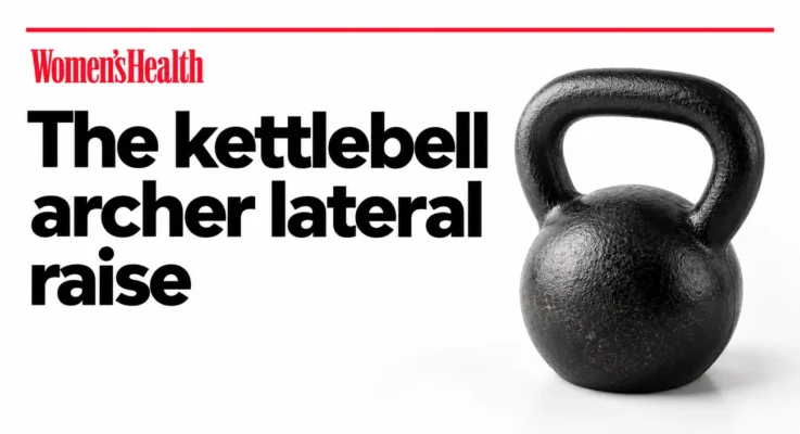 Women’s Health: Kettlebell Archer Lateral Raise, illustrated with a black kettlebell.