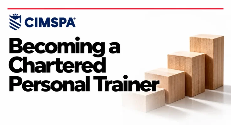 CIMSPA: Becoming a Chartered Personal Trainer, illustrated with ascending wooden steps.