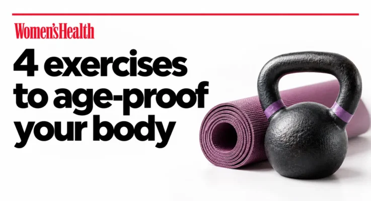 Women’s Health: 4 Exercises to Age-Proof Your Body, illustrated with a kettlebell and purple mat.