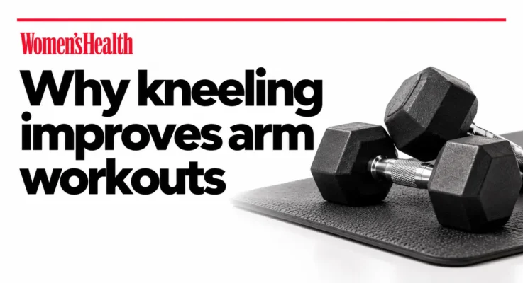Women’s Health: Why Kneeling Improves Arm Workouts, illustrated with dumbbells on an exercise mat.