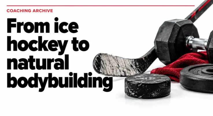 From ice hockey to natural bodybuilding, illustrated with a hockey stick, puck, dumbbell and weight plate.