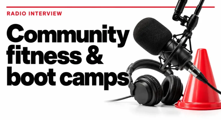 BBC Radio Berkshire interview on community fitness and boot camps, illustrated with a microphone, headphones and training cone.