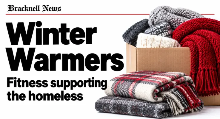 Winter Warmers: fitness supporting the homeless, with a donation box, blankets and a red scarf.