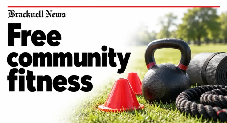 Bracknell News: free community fitness, illustrated with cones, a kettlebell, exercise mat and battle rope.