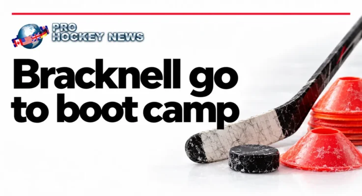 Pro Hockey News: Bracknell Go to Boot Camp, illustrated with a hockey stick, puck and training cones.