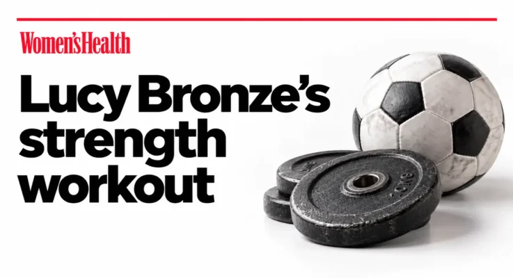 Women’s Health: Lucy Bronze’s Strength Workout, illustrated with a football and weight plates.