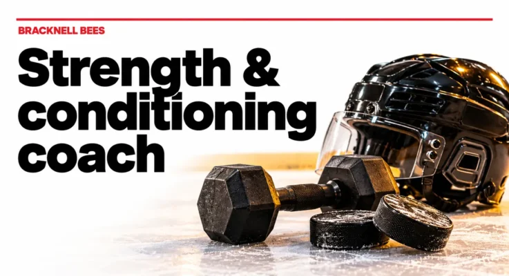 Bracknell Bees strength and conditioning coach, illustrated with a hockey helmet, dumbbell and pucks.