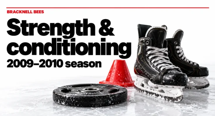Bracknell Bees strength and conditioning for the 2009–2010 season, with hockey skates, a cone and weight plate.