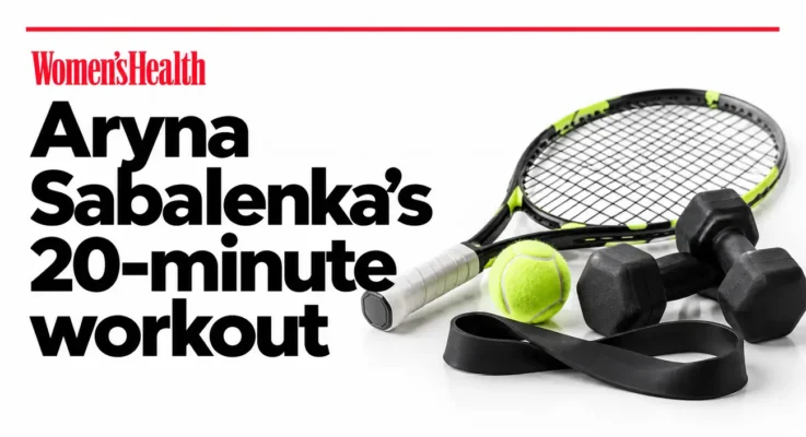 Women’s Health: Aryna Sabalenka’s 20-Minute Workout, illustrated with a tennis racket, ball, dumbbells and resistance band.