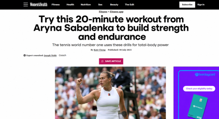 Women’s Health article about Aryna Sabalenka’s 20-minute workout, naming Joseph Webb as the consulted expert