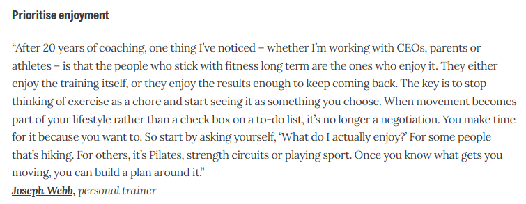 The i Paper excerpt quoting Joseph Webb on enjoying exercise and building lasting fitness habits