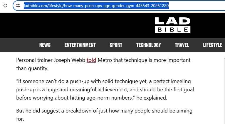 LADbible article quoting Joseph Webb on push-up technique