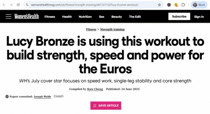 Women’s Health article about Lucy Bronze’s strength workout, naming Joseph Webb as the consulted expert