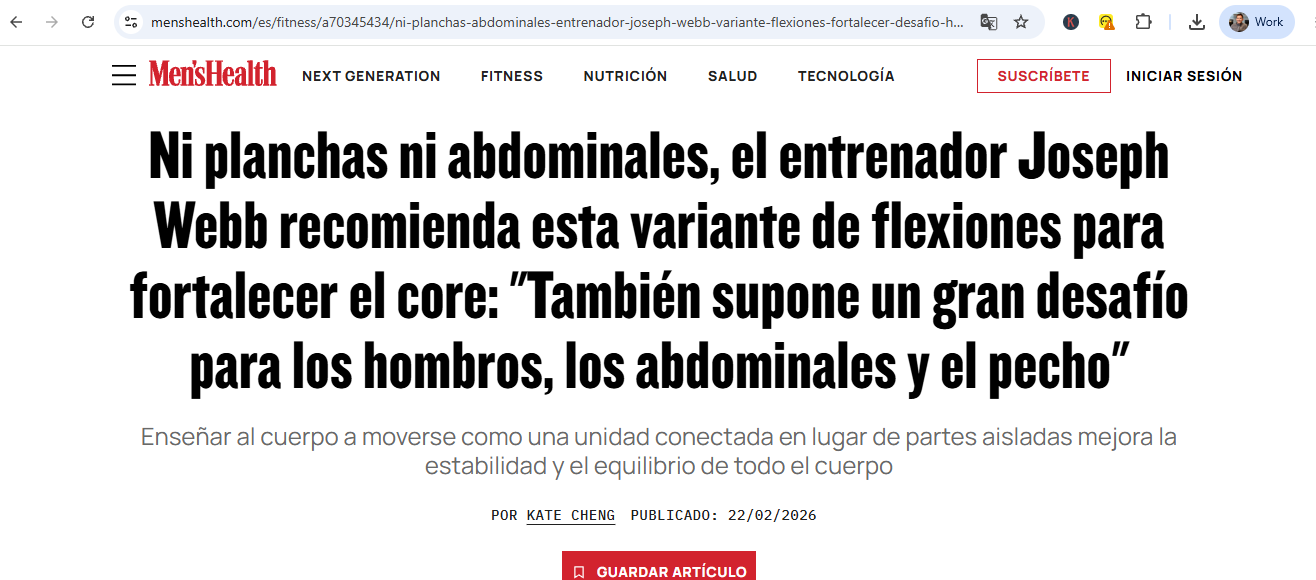 Men’s Health Spain headline featuring Joseph Webb’s advice on the alligator crawl for core strength