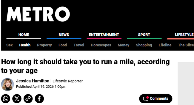 Metro article about mile-running times by age