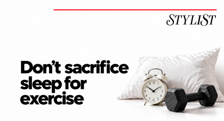 tylist feature: Don’t sacrifice sleep for exercise, with a pillow, alarm clock and dumbbell illustrating sleep and recovery alongside training.