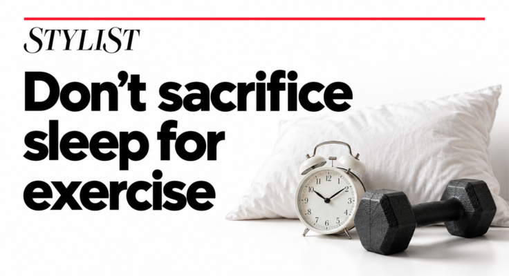Stylist feature: Don’t sacrifice sleep for exercise, illustrated with a pillow, alarm clock and dumbbell