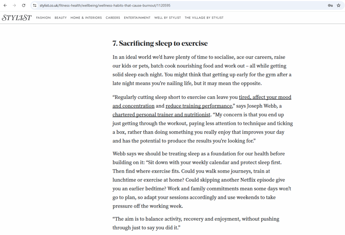 A screenshot of Joseph Webb's write up for stylist