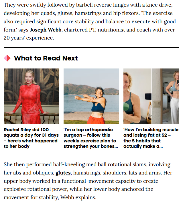 Women’s Health article quoting Joseph Webb on reverse lunges in Kate Ferdinand’s workout