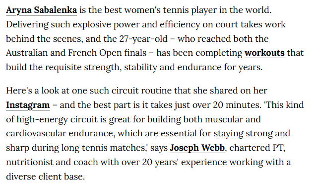 Women’s Health excerpt quoting Joseph Webb on Aryna Sabalenka’s circuit training