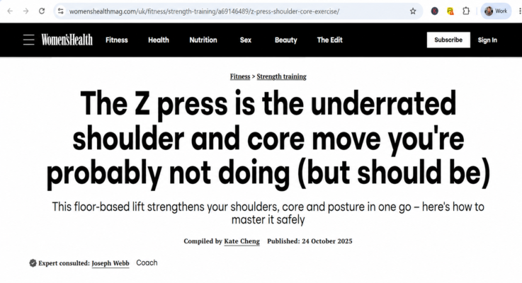 Women’s Health article about the Z press, naming Joseph Webb as the consulted expert