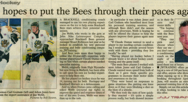 Newspaper clipping about Joseph Webb’s strength and conditioning work with the Bracknell Bees